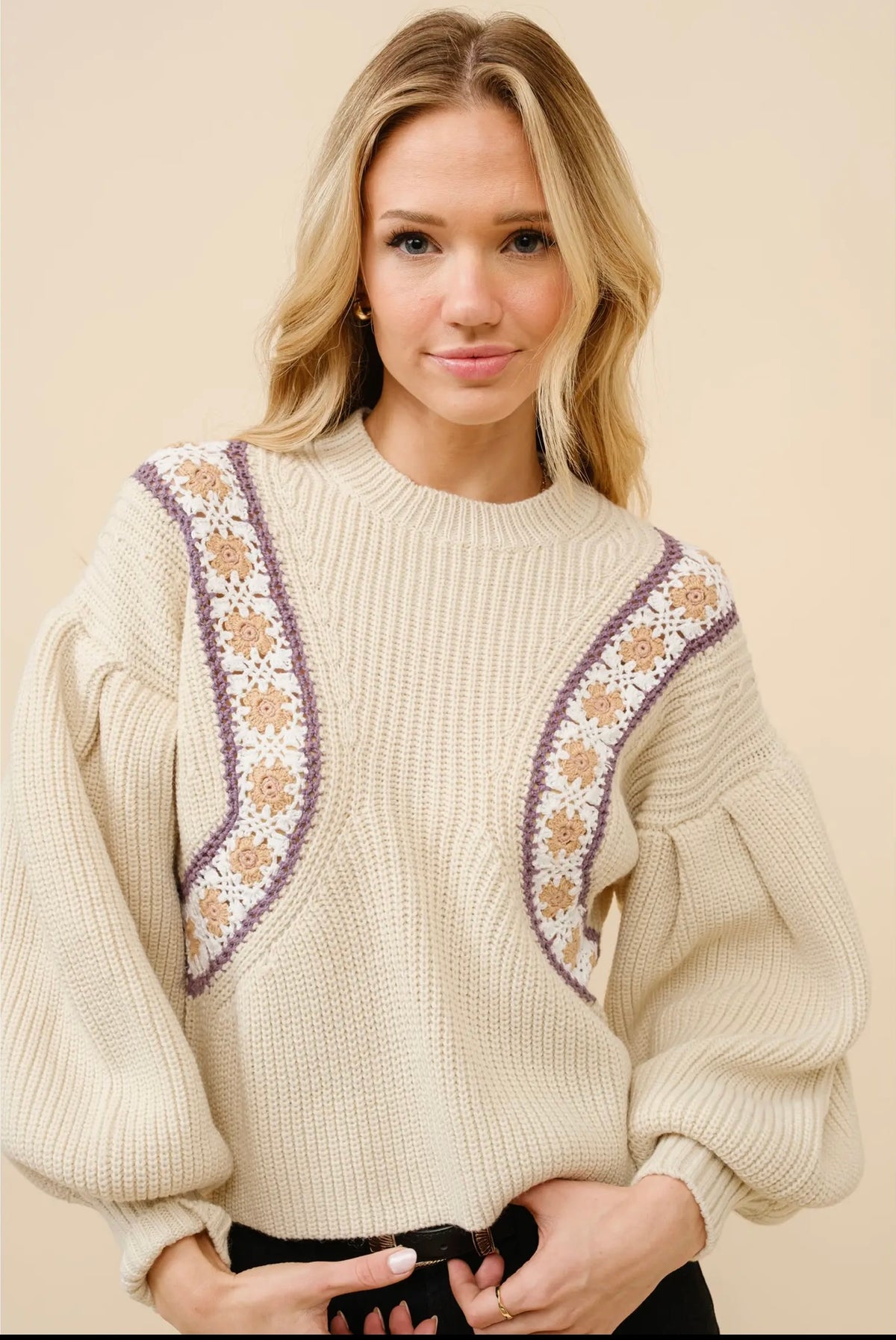 Crochet insert balloon sleeve sweater