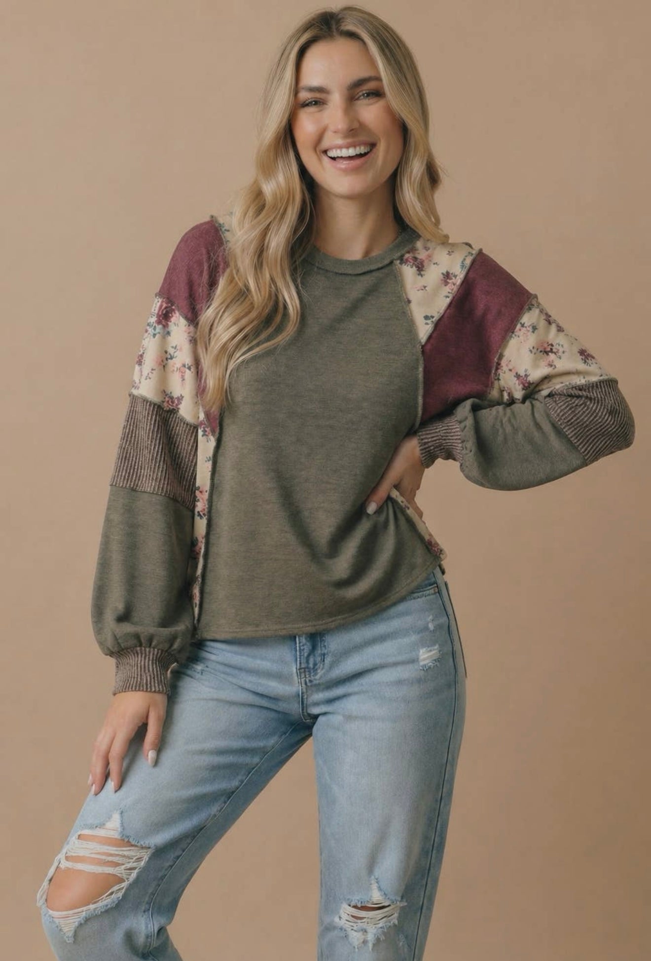 Mixed patchwork pullover knit top 
