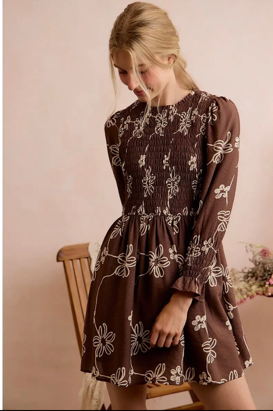 Brown floral long sleeve mini dress