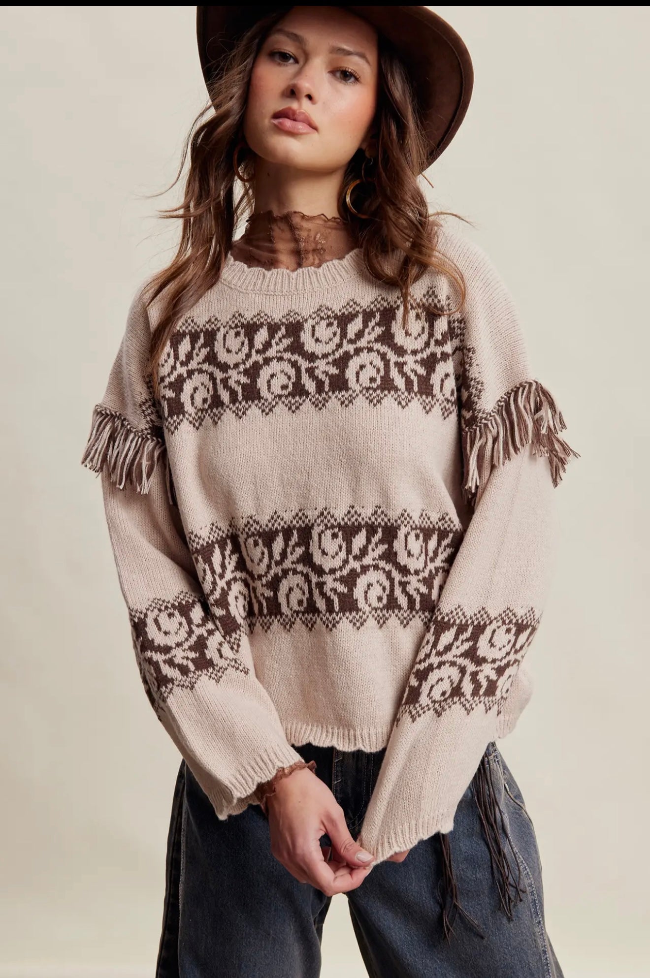 Western fringe pattern knit sweater 
