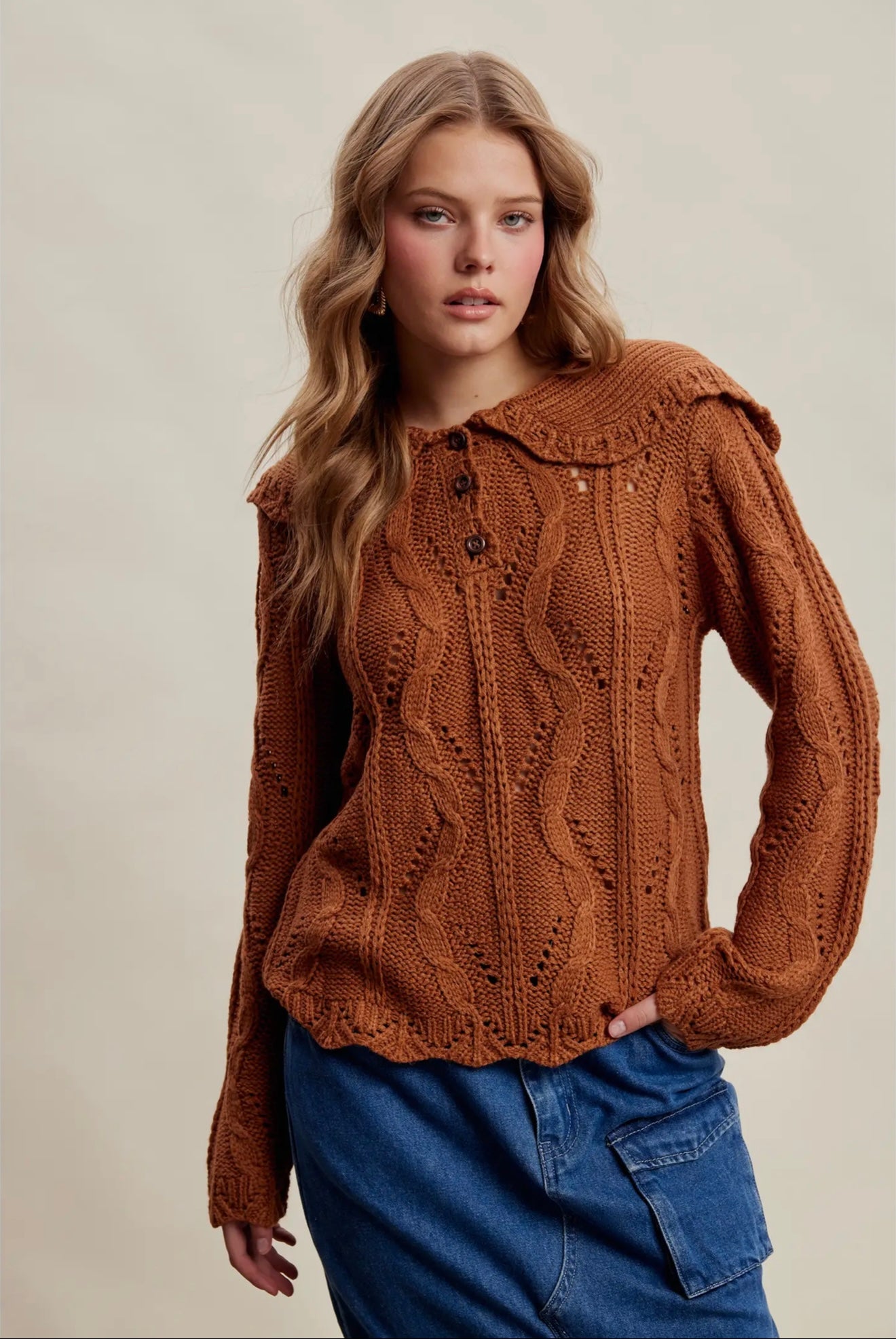 Ruffle collar cable knit sweater 