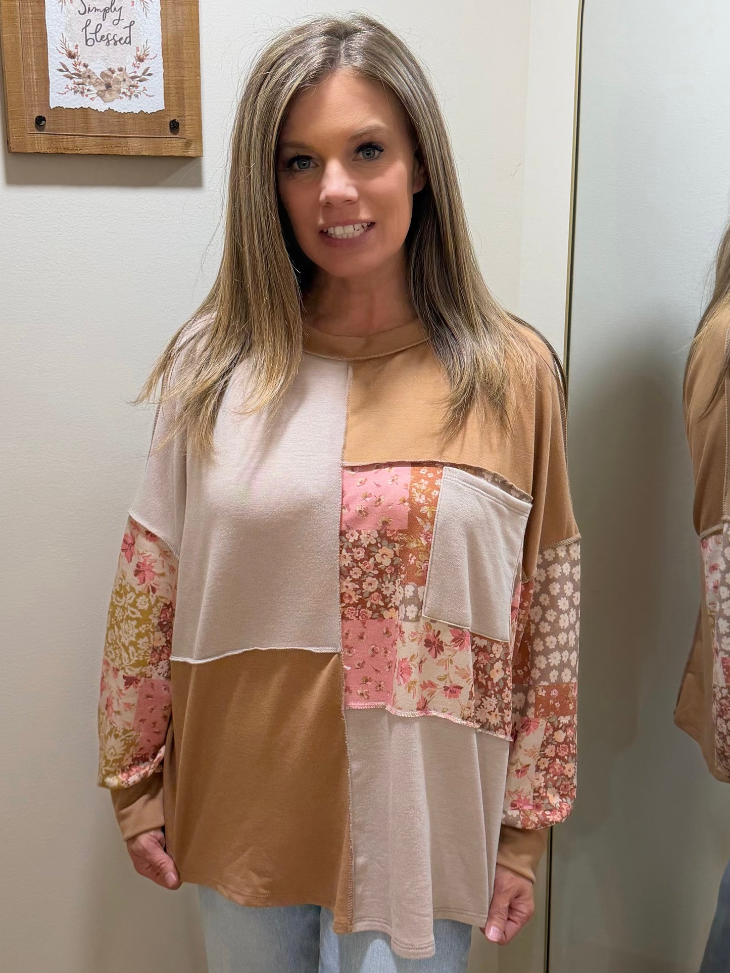 Mock neck floral patchwork pullover