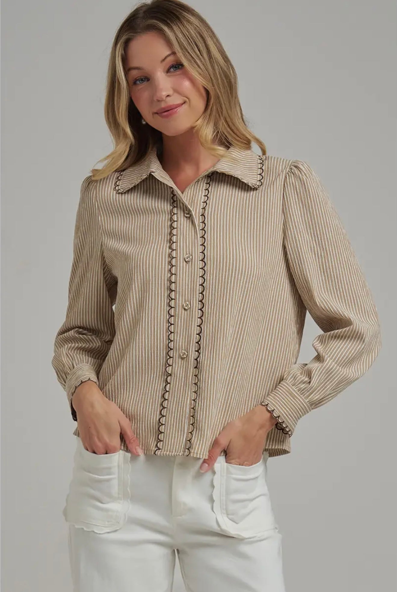 Pin stripe blouse with scallop edge