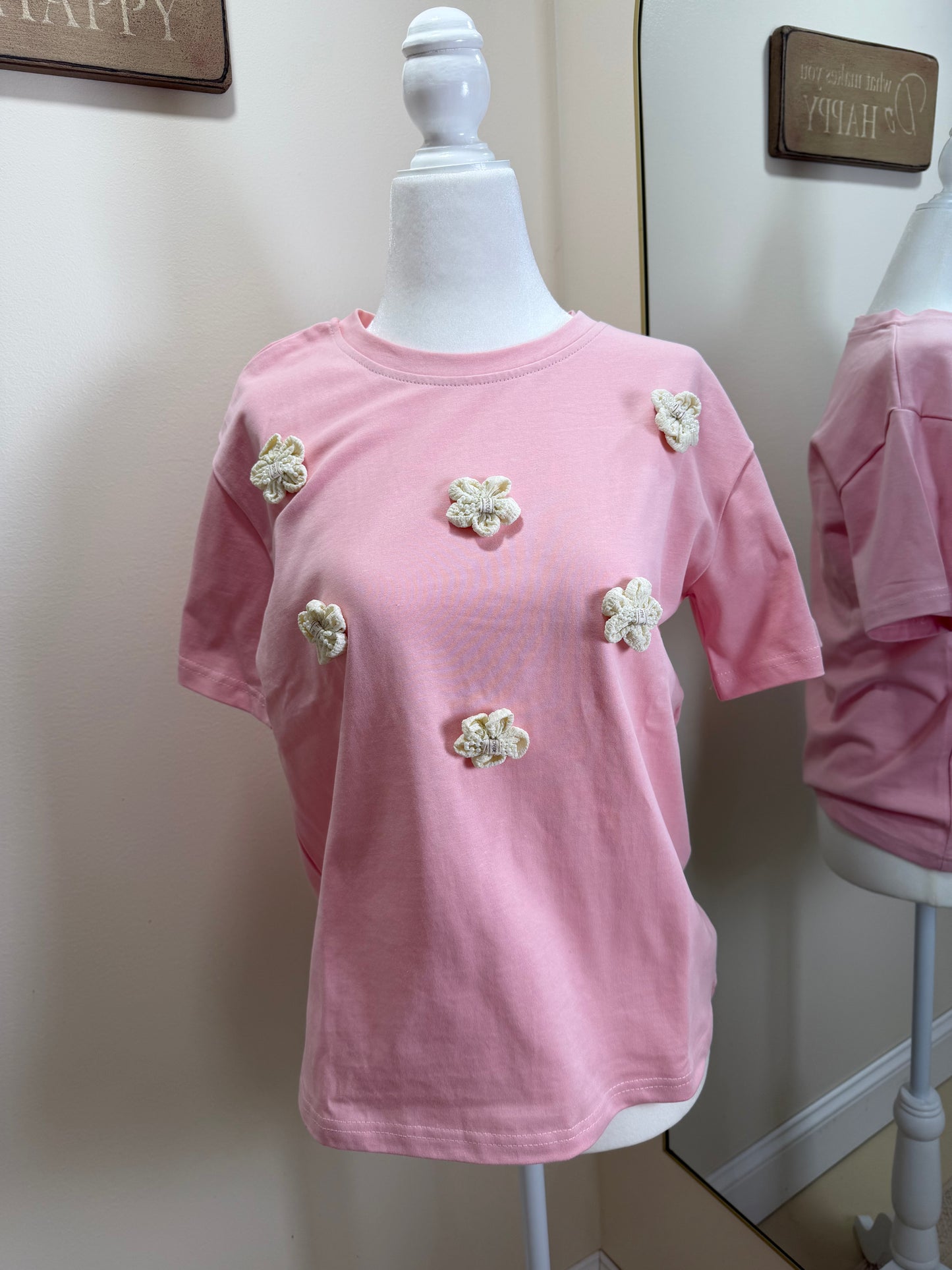 Pink tee with cream flowers