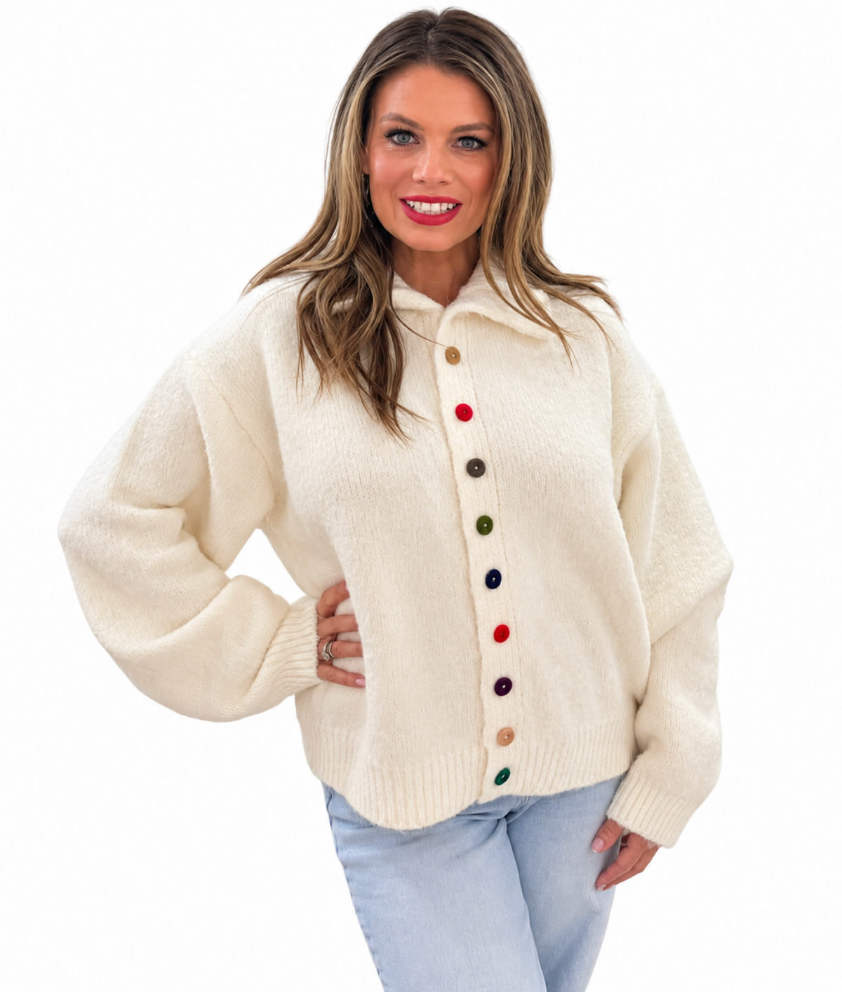 POL cream sweater with colorful buttons