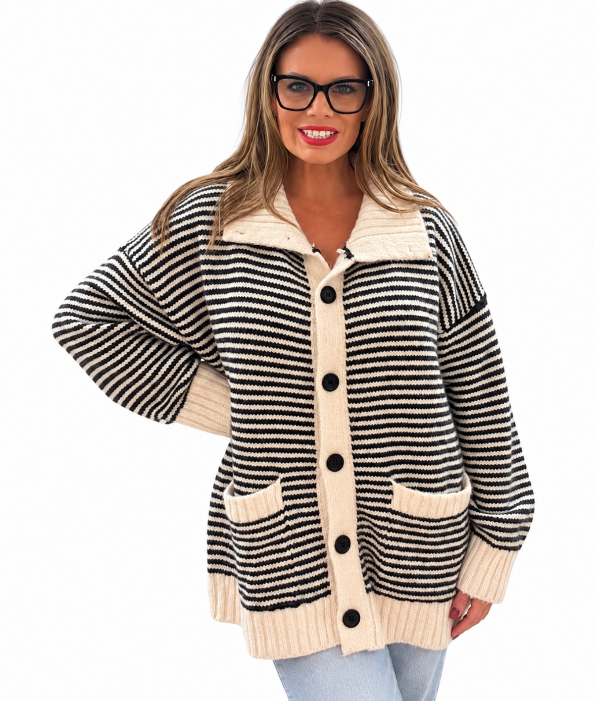 POL striped knit cardigan with pockets