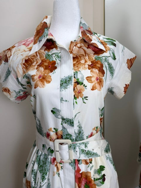 Floral button up belted mini dress