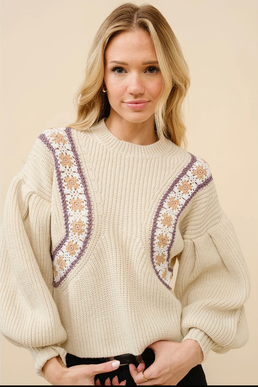 Crochet insert balloon sleeve sweater