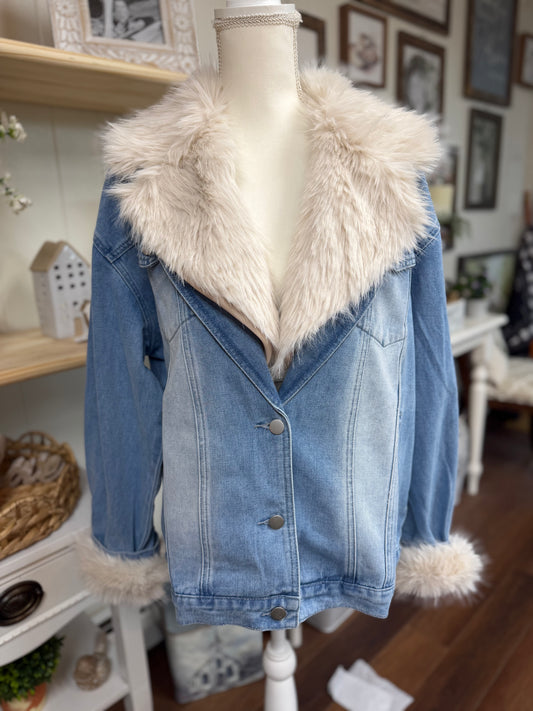 Fur collard cuff denim jacket