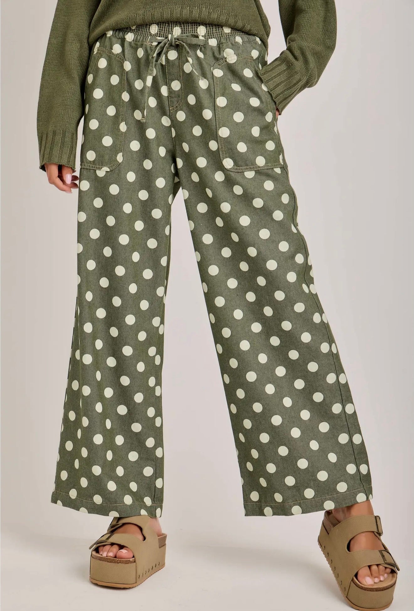Wide leg polka dot drawstring pants