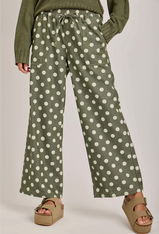 Wide leg polka dot drawstring pants