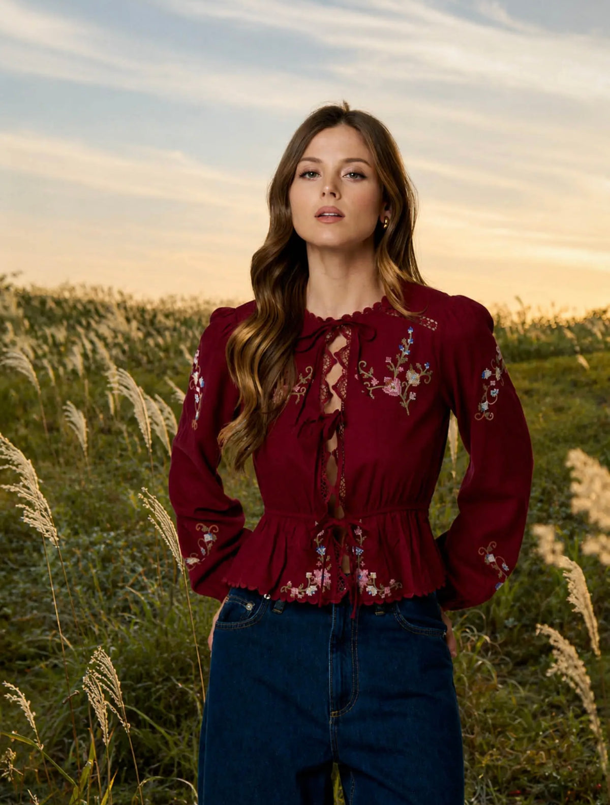 Floral embroidery crochet lace top