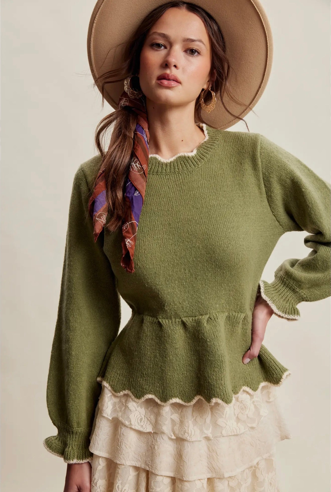 Scalloped peplum knit sweater ￼