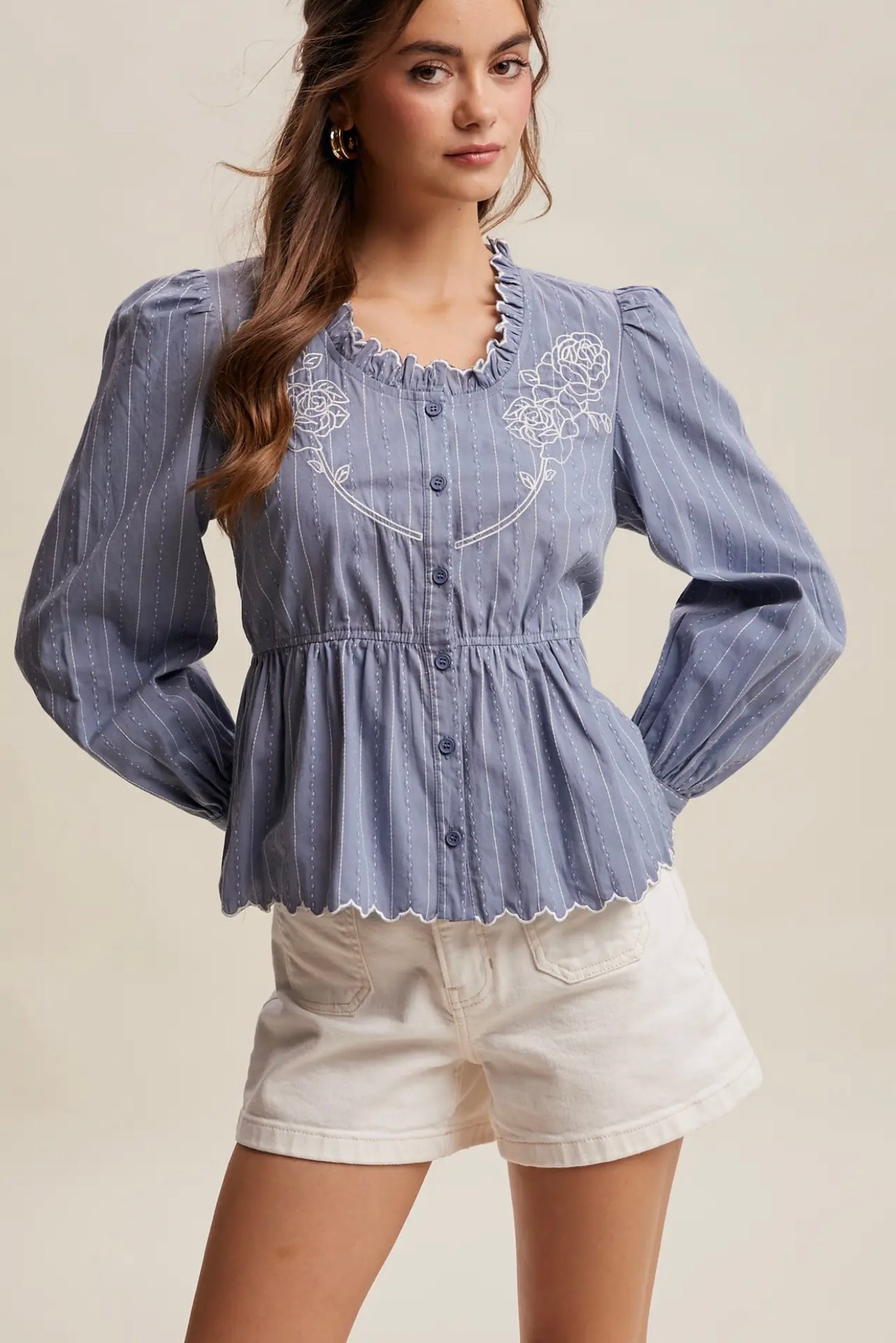 Embroidered ruffle blouse ￼