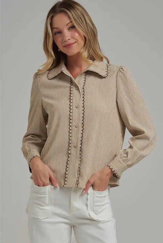 Pin stripe blouse with scallop edge