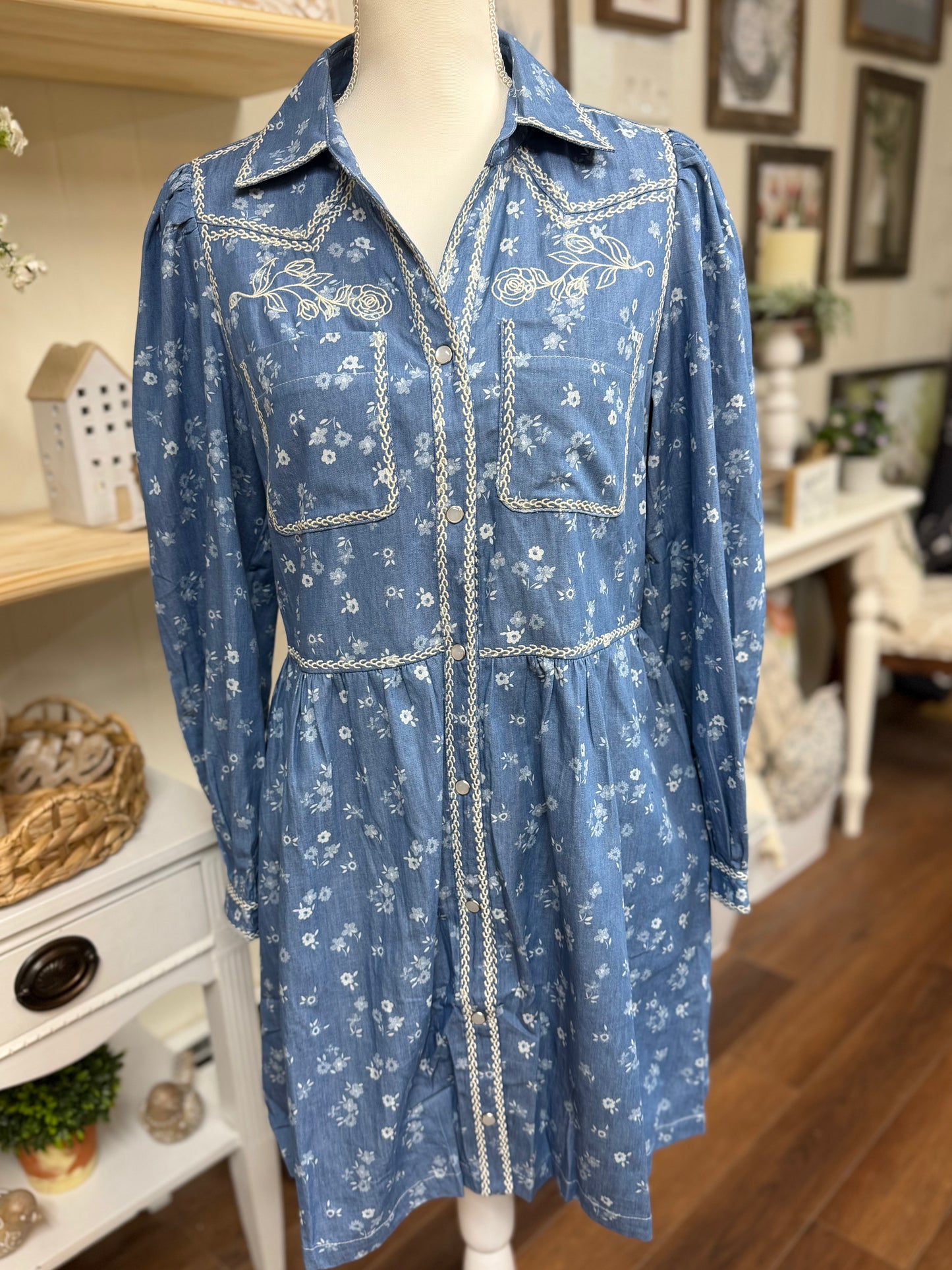 Embroidered western floral shirt dress