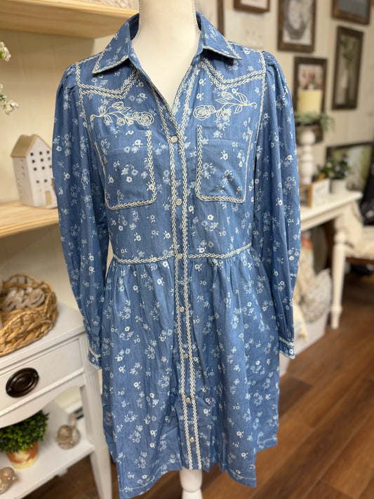 Embroidered western floral shirt dress