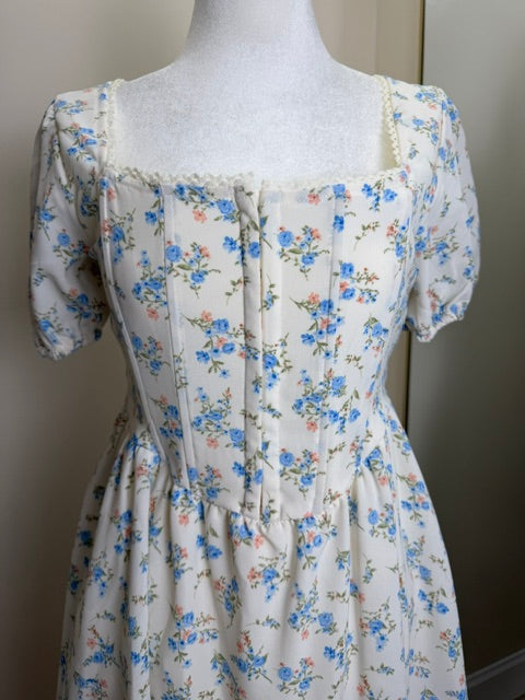 Blue, white and pink corset top floral mini dress
